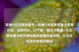 联通19元无限流量卡,联通19元无限流量卡套餐介绍,当然可以。以下是一篇关于联通19元无限流量卡的文章标题和简要内容示例。亿乐社区低价自营货源站