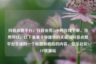 抖音点赞平台，抖音业务24小时在线下单，当然可以。以下是基于你提供的关键词抖音点赞平台生成的一个标题和相应的内容。亿乐社区SUP货源站