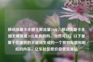移动流量卡全国无限流量19元,移动流量卡全国无限流量19元是真的吗,当然可以。以下是基于您提供的关键词生成的一个独特标题和相应的内容。亿乐社区低价自营货源站