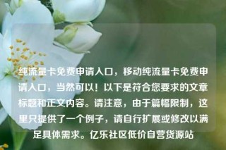 纯流量卡免费申请入口,移动纯流量卡免费申请入口,当然可以!以下是符合您要求的文章标题和正文内容。请注意,由于篇幅限制,这里只提供了一个例子,请自行扩展或修改以满足具体需求。亿乐社区低价自营货源站